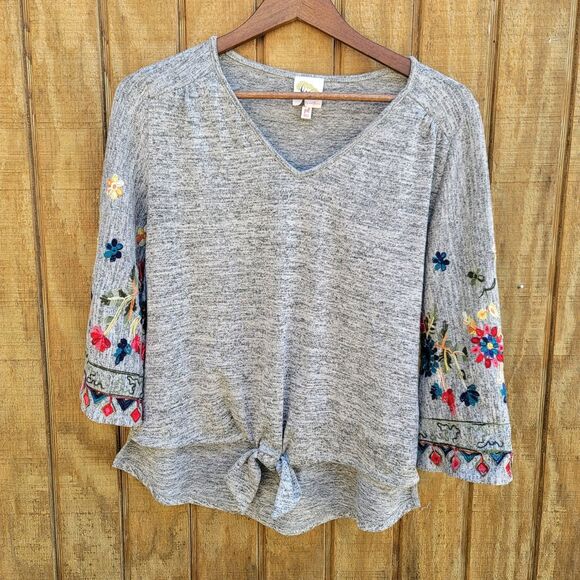 Anthropologie Fig & Flower Heather Gray Embroidered Tie Front Blouse Wm Sz PL - Picture 12 of 12